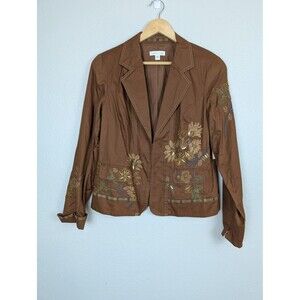 Coldwater Creek Jacket Womens 12 Brown Embroidered Floral Boho Blazer Misses